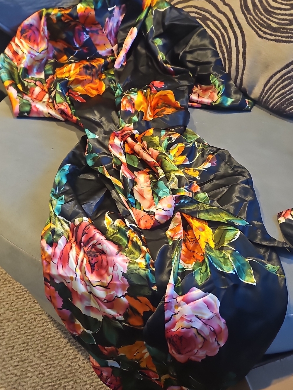 Women's Floral Black Satin Robe - Pink & Orange Bloom